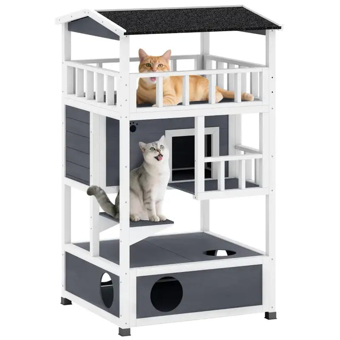 3-Tier Wooden Cat House – Grey and White | Outdoor Shelter - Balcony and Jump Step PAWHUT - Little and Giant Explorers PawHut