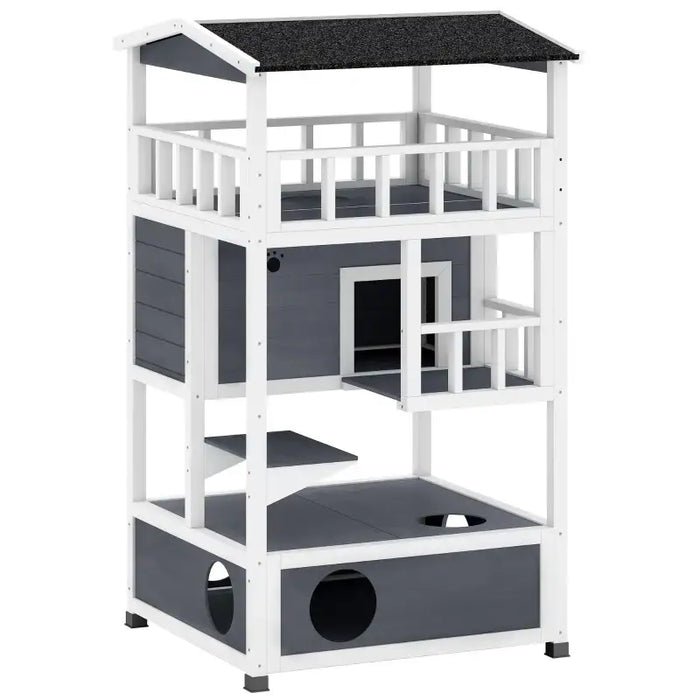 3-Tier Wooden Cat House – Grey and White | Outdoor Shelter - Balcony and Jump Step PAWHUT - Little and Giant Explorers PawHut