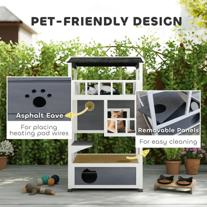 3-Tier Wooden Cat House – Grey and White | Outdoor Shelter - Balcony and Jump Step PAWHUT - Little and Giant Explorers PawHut