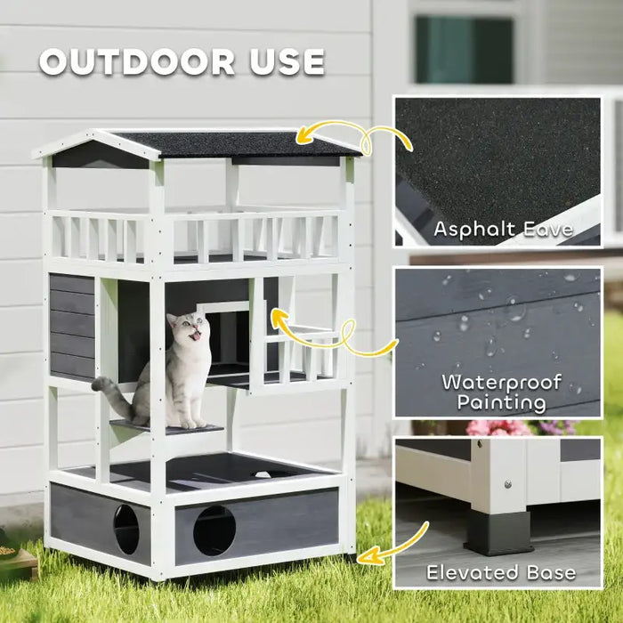 3-Tier Wooden Cat House – Grey and White | Outdoor Shelter - Balcony and Jump Step PAWHUT - Little and Giant Explorers PawHut