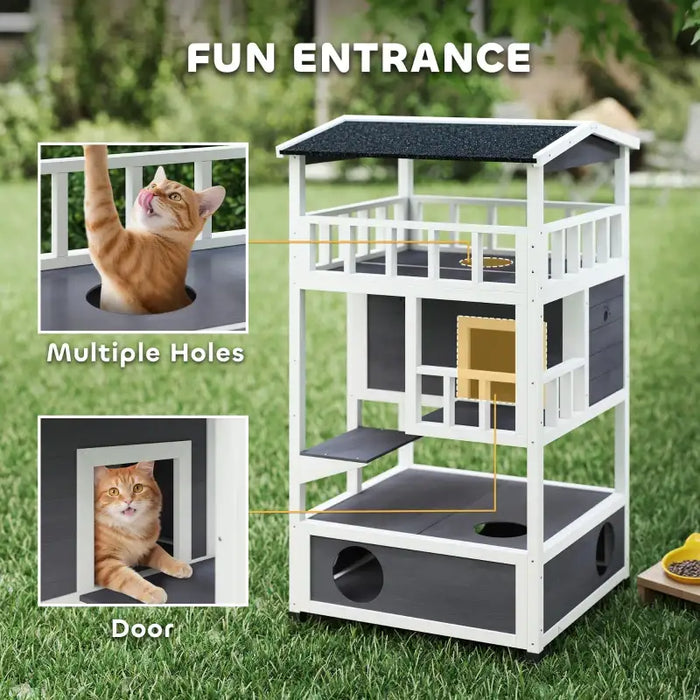 3-Tier Wooden Cat House – Grey and White | Outdoor Shelter - Balcony and Jump Step PAWHUT - Little and Giant Explorers PawHut