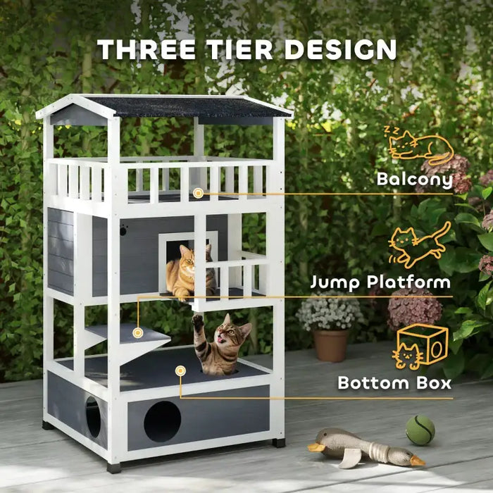 3-Tier Wooden Cat House – Grey and White | Outdoor Shelter - Balcony and Jump Step PAWHUT - Little and Giant Explorers PawHut