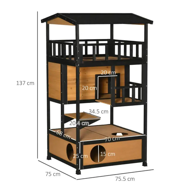 3-Tier Wooden Cat House – Yellow and Black | Balcony, Jump Step and Waterproof Roof PAWHUT - Little and Giant Explorers PawHut