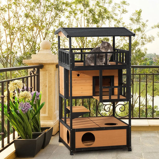3-Tier Wooden Cat House – Yellow and Black | Balcony, Jump Step and Waterproof Roof PAWHUT - Little and Giant Explorers PawHut