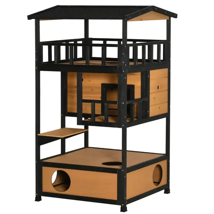 3-Tier Wooden Cat House – Yellow and Black | Balcony, Jump Step and Waterproof Roof PAWHUT - Little and Giant Explorers PawHut