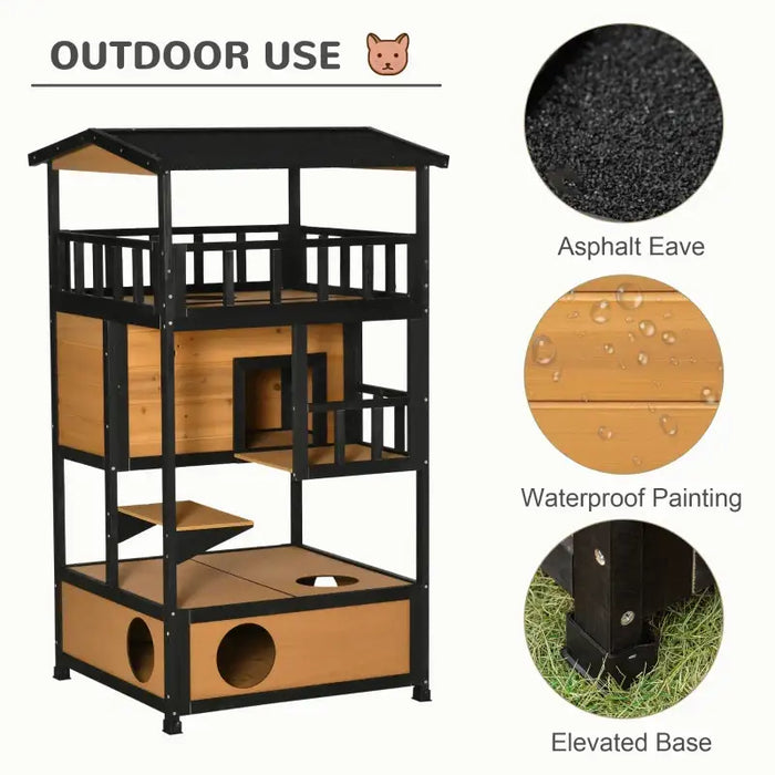 3-Tier Wooden Cat House – Yellow and Black | Balcony, Jump Step and Waterproof Roof PAWHUT - Little and Giant Explorers PawHut