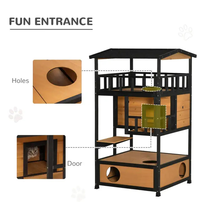 3-Tier Wooden Cat House – Yellow and Black | Balcony, Jump Step and Waterproof Roof PAWHUT - Little and Giant Explorers PawHut