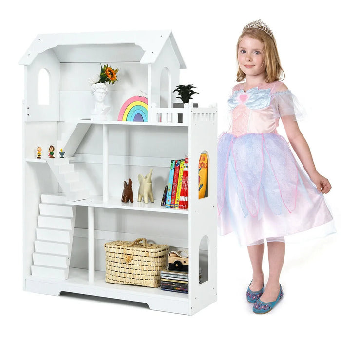 3-Tier Wooden Dollhouse Bookcase - Little and Giant Explorers Costway