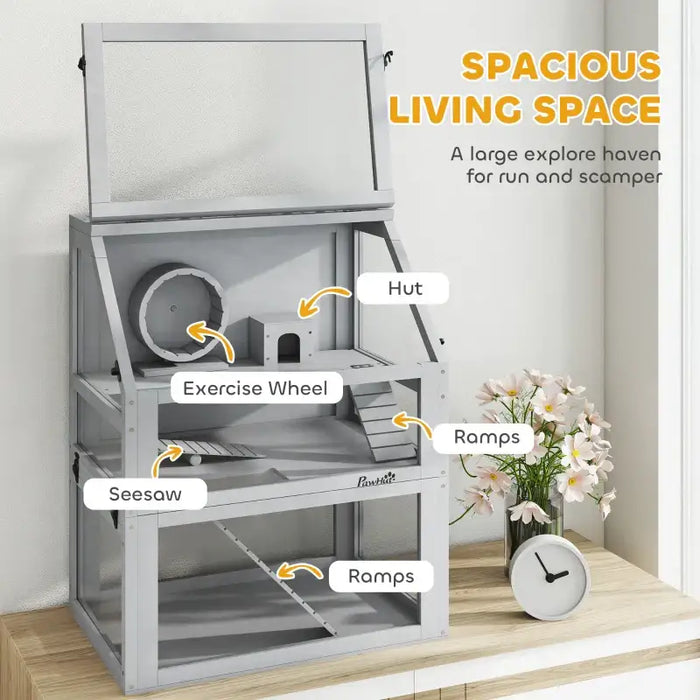 3-Tier Wooden Hamster Cage - Grey | Deep Base, Wheel, Seesaw and Hut PAWHUT - Little and Giant Explorers PawHut