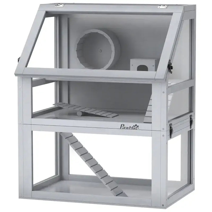 3-Tier Wooden Hamster Cage - Grey | Deep Base, Wheel, Seesaw and Hut PAWHUT - Little and Giant Explorers PawHut