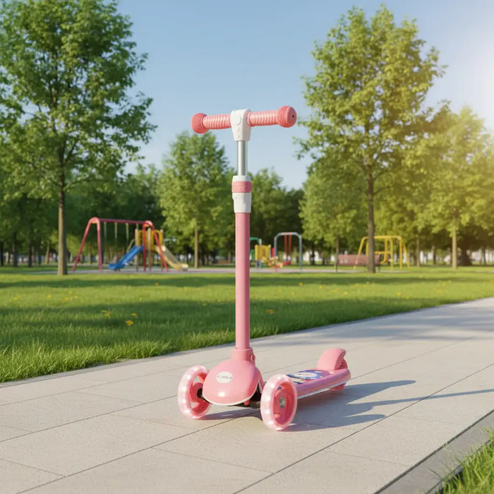 Pink three-wheeled kids scooter on garden path with playground and trees in background