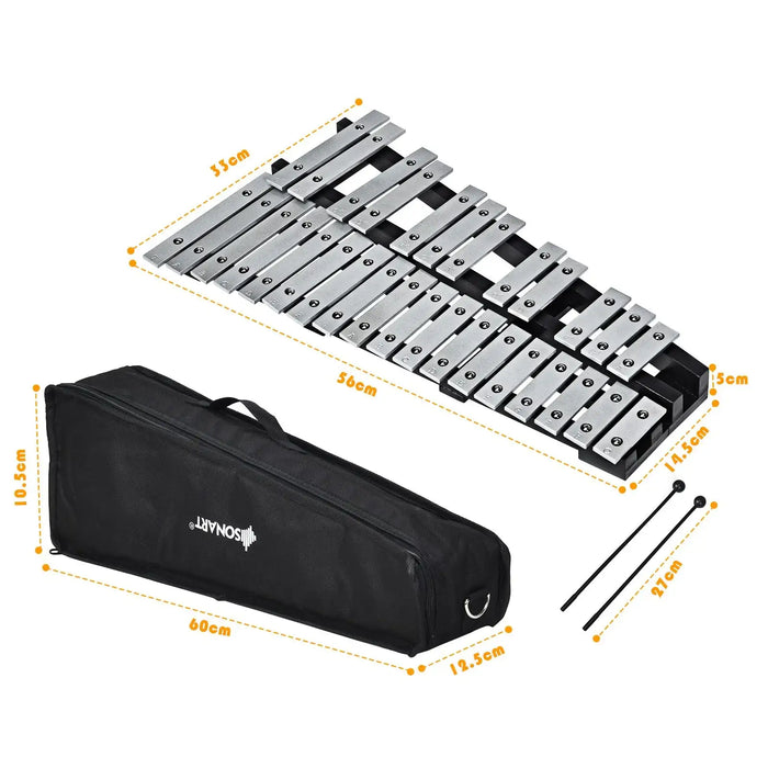 Metal glockenspiel with black frame, two mallets, and black carrying case with SONART logo and dimensions