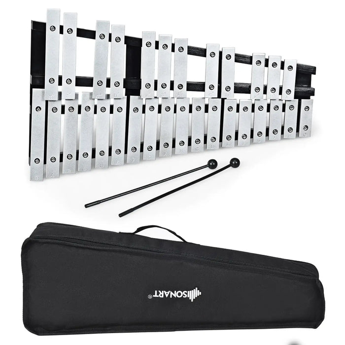 Sonart soprano alto glockenspiel with 30 silver metal bars, black frame, 2 mallets, and carrying case