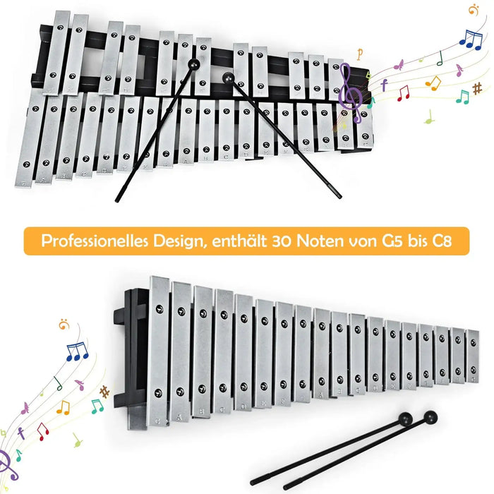 Two silver metallophones with black mallets and colorful musical notes on white background