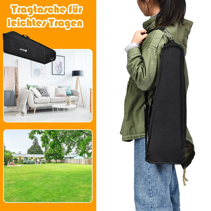 Person carrying black carrying bag over shoulder, standing against white background with orange label