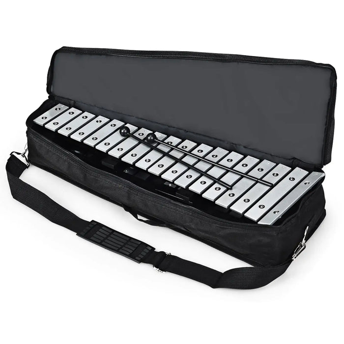 Silver xylophone with black mallets inside open black carrying case with shoulder strap
