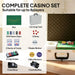 Complete casino set for 8 players with poker chips, cards, dice, dealer and blind buttons, card shoe, shuffler, and carrying case