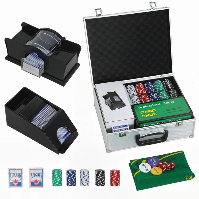 300-piece casino set with poker chips, card shuffler, card shoe, playing cards, dice, dealer buttons, and carrying case