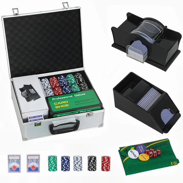 300-piece casino poker set with color-coded chips, card shuffler, card shoe, and carrying case