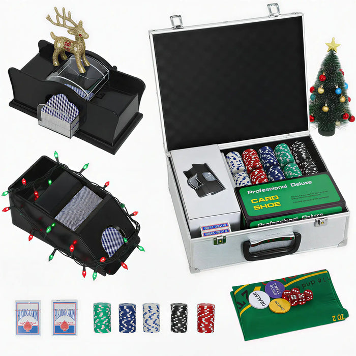 300-piece casino chip set with card shuffler, card shoe, carrying case, poker chips, playing cards, dice, and Christmas decor