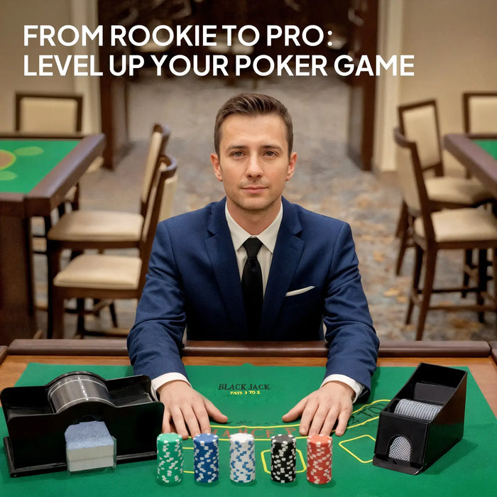 Man in blue suit sitting at casino blackjack table with poker chips, card shuffler, and card shoe