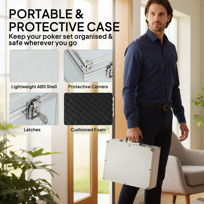 Man holding portable protective silver poker case with lightweight ABS shell and cushioned foam