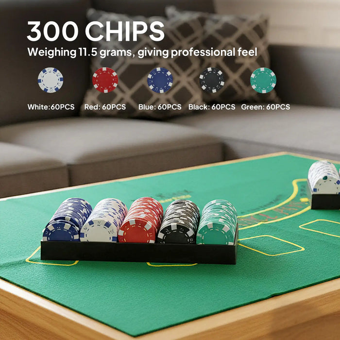 300-piece casino chip set with white, red, blue, black, and green chips on a green poker table