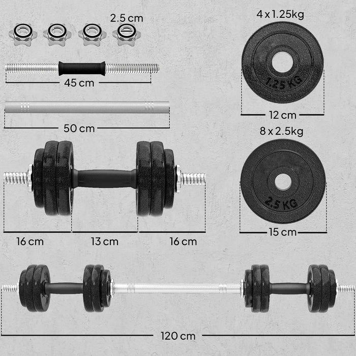 30kg Adjustable Dumbbell and Barbell Set | 2-in-1 Steel Weight Training Kit with Spinlocks SPORTNOW - Little and Giant Explorers SPORTNOW