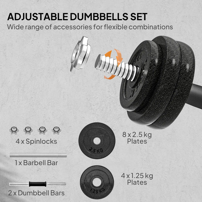 30kg Adjustable Dumbbell and Barbell Set | 2-in-1 Steel Weight Training Kit with Spinlocks SPORTNOW - Little and Giant Explorers SPORTNOW