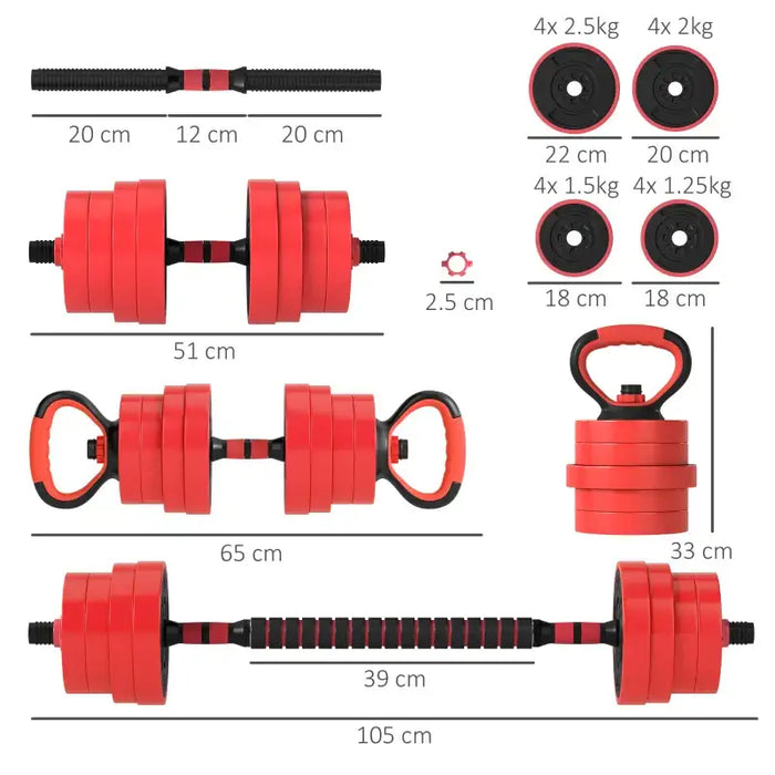 30kg Four-in-One Weights Set - Red | Dumbbells, Barbells, Kettlebells and Push-Up Stands SPORTNOW - Little and Giant Explorers SPORTNOW