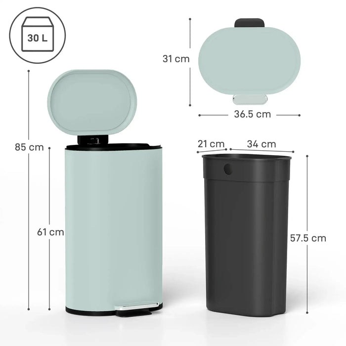 Dimensions of two trash bins, one light blue and one black, with measurements displayed.