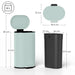 Dimensions of two trash bins, one light blue and one black, with measurements displayed.