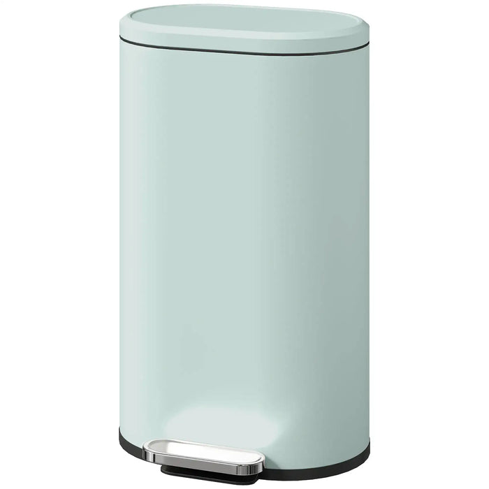 Light blue trash can with a step pedal on a white background