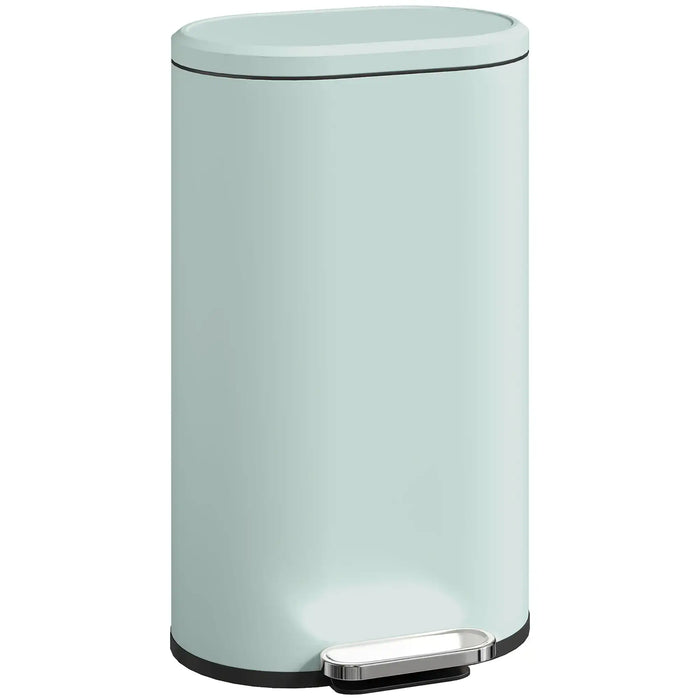 Light blue trash can with a metallic pedal on a white background