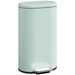Light blue trash can with a metallic pedal on a white background