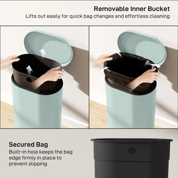 Reusable trash can with a removable inner bucket and secured bag feature.