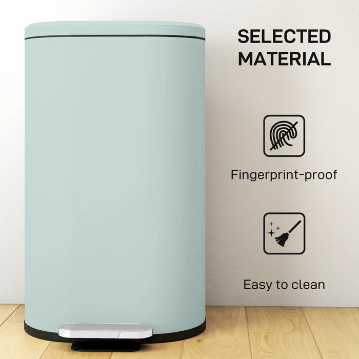 Light blue trash bin with fingerprint-proof and easy-to-clean features on a white background