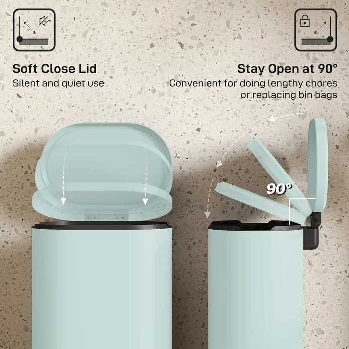 Two trash cans with a soft close lid and open lid feature on a textured beige background.