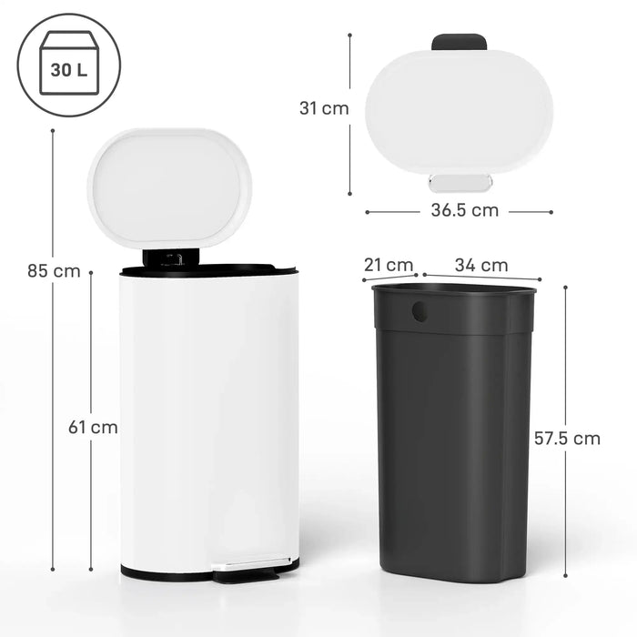 Dimensions of a white and black trash bin with measurements on a white background