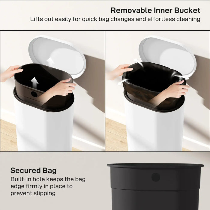 Removable inner bucket being lifted out of a trash can with text highlighting features.