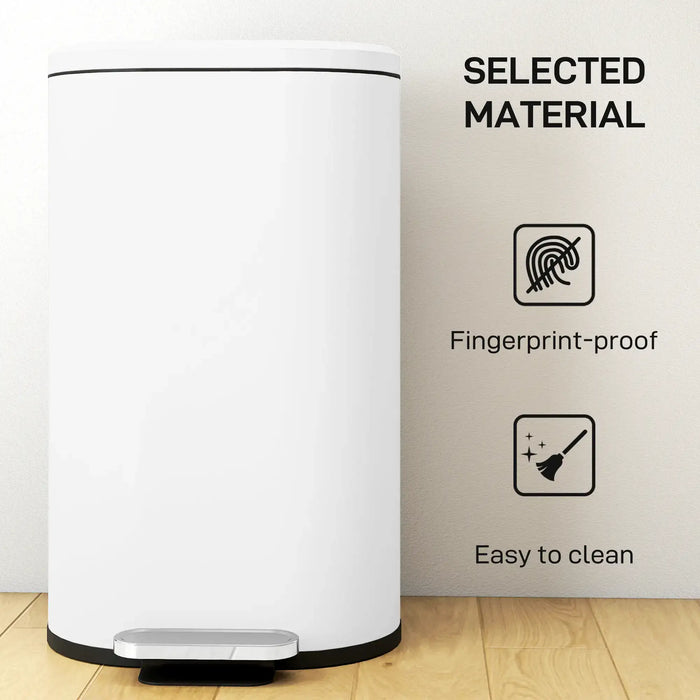 White trash bin with fingerprint-proof and easy-to-clean features on a light wood floor.