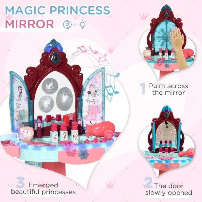 31-piece kids dressing table set with gesture sensing mirror, lights, music, and toy makeup accessories.