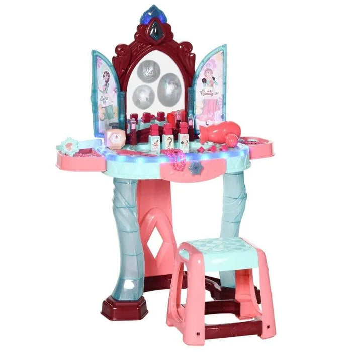 Kids pink and blue dressing table playset with stool, mirror, toy makeup, and accessories.