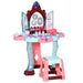 Kids pink and blue dressing table playset with stool, mirror, toy makeup, and accessories.