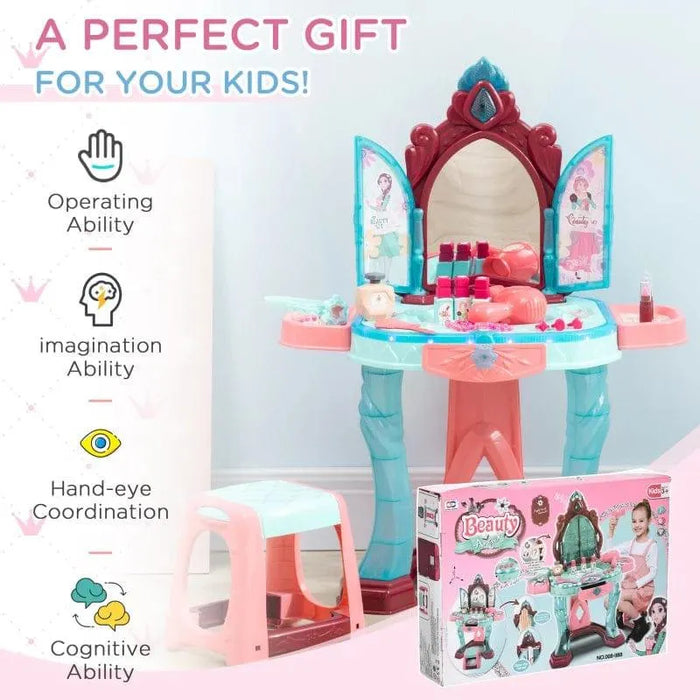 Kids 31-piece dressing table set with mirror, stool, toy makeup accessories and packaging