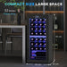 Wine cooler with wine bottles inside, labeled 'Compact Size Large Space' with dimensions.