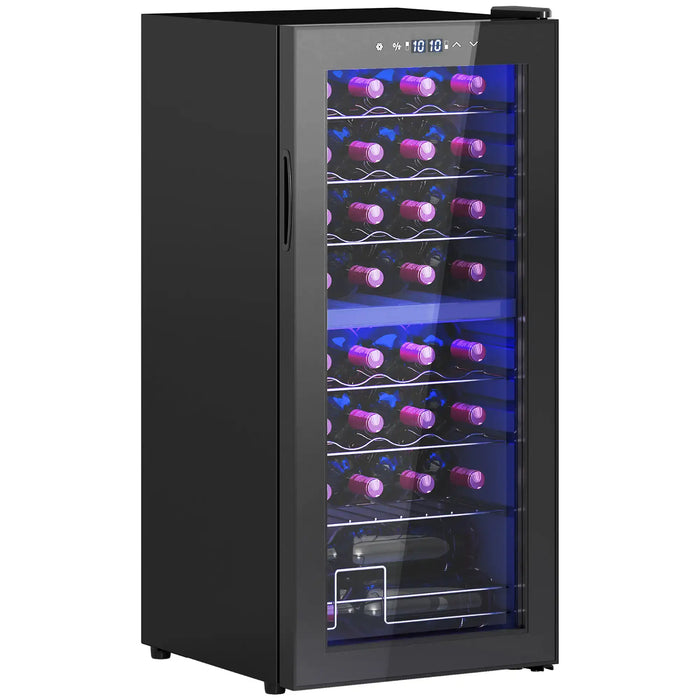 Black wine cooler with glass door displaying wine bottles on a white background