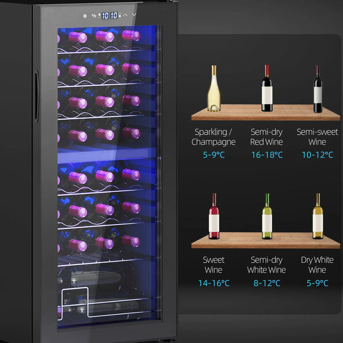 Wine cooler with wine bottles inside and temperature guidelines on a black background