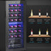 Wine cooler with wine bottles inside and temperature guidelines on a black background