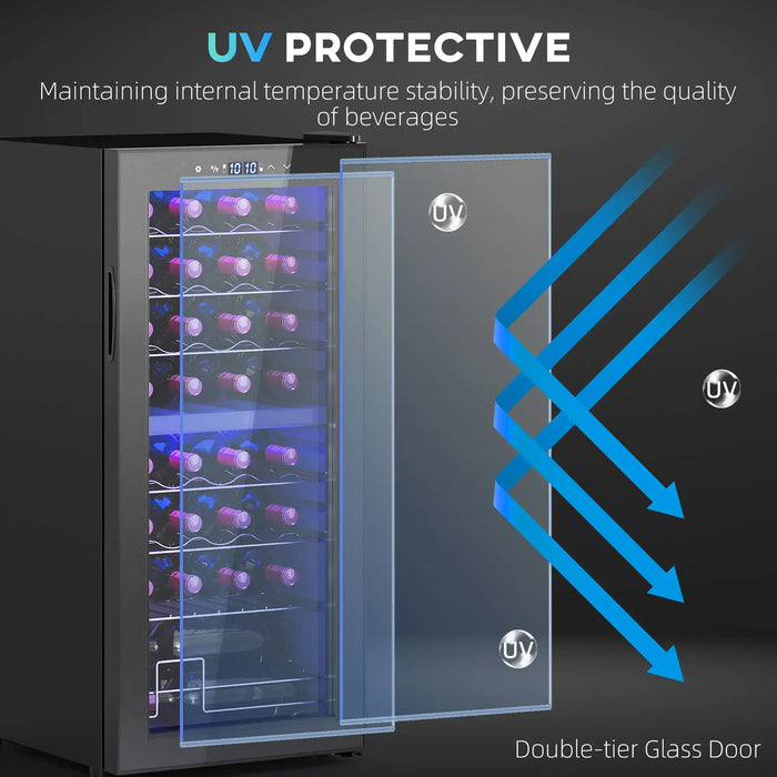 Wine cooler with UV protective feature, showing interior with bottles and blue arrows indicating UV rays.
